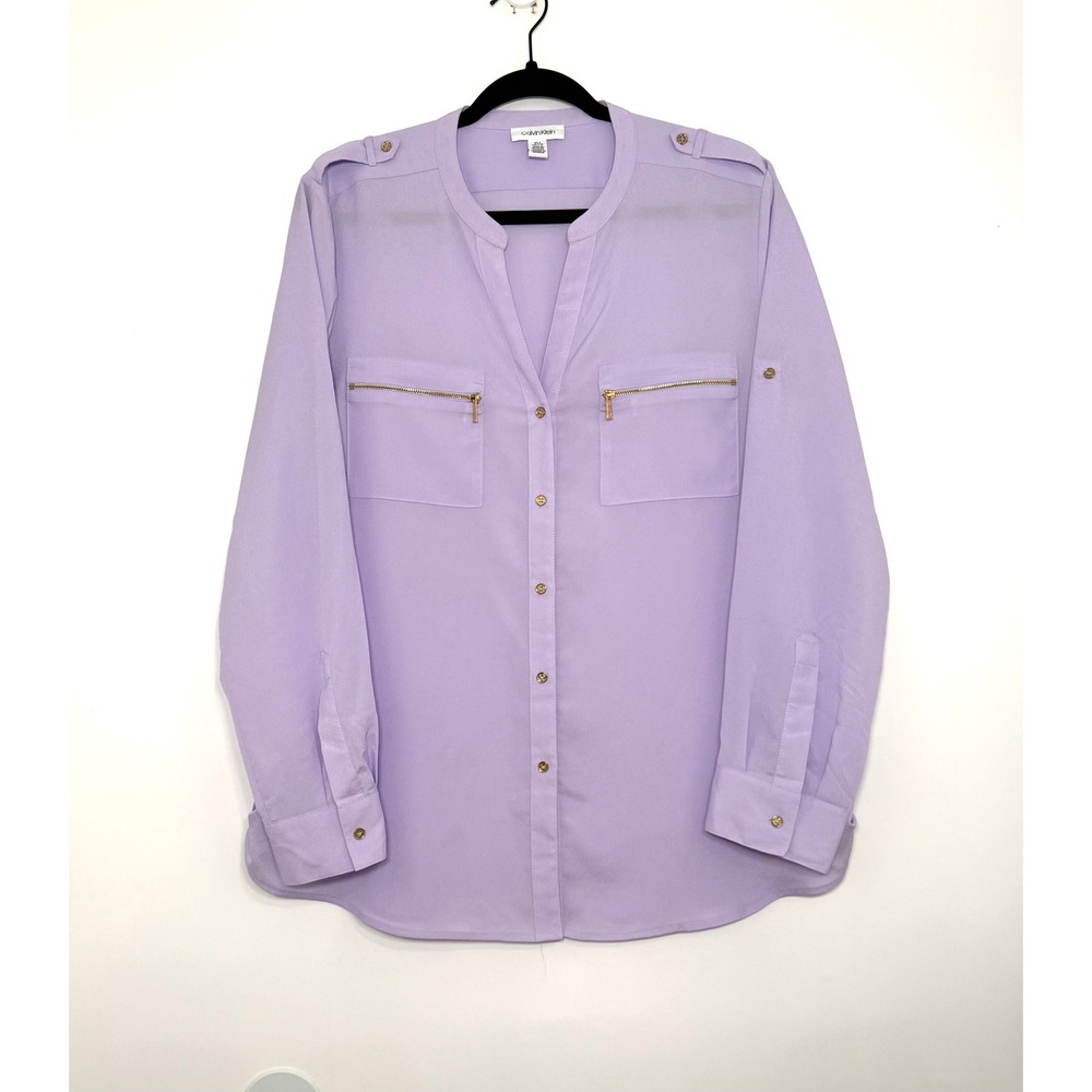 Calvin Klein XL Lavender Utility Blouse Gold Zip Pockets Roll Tab